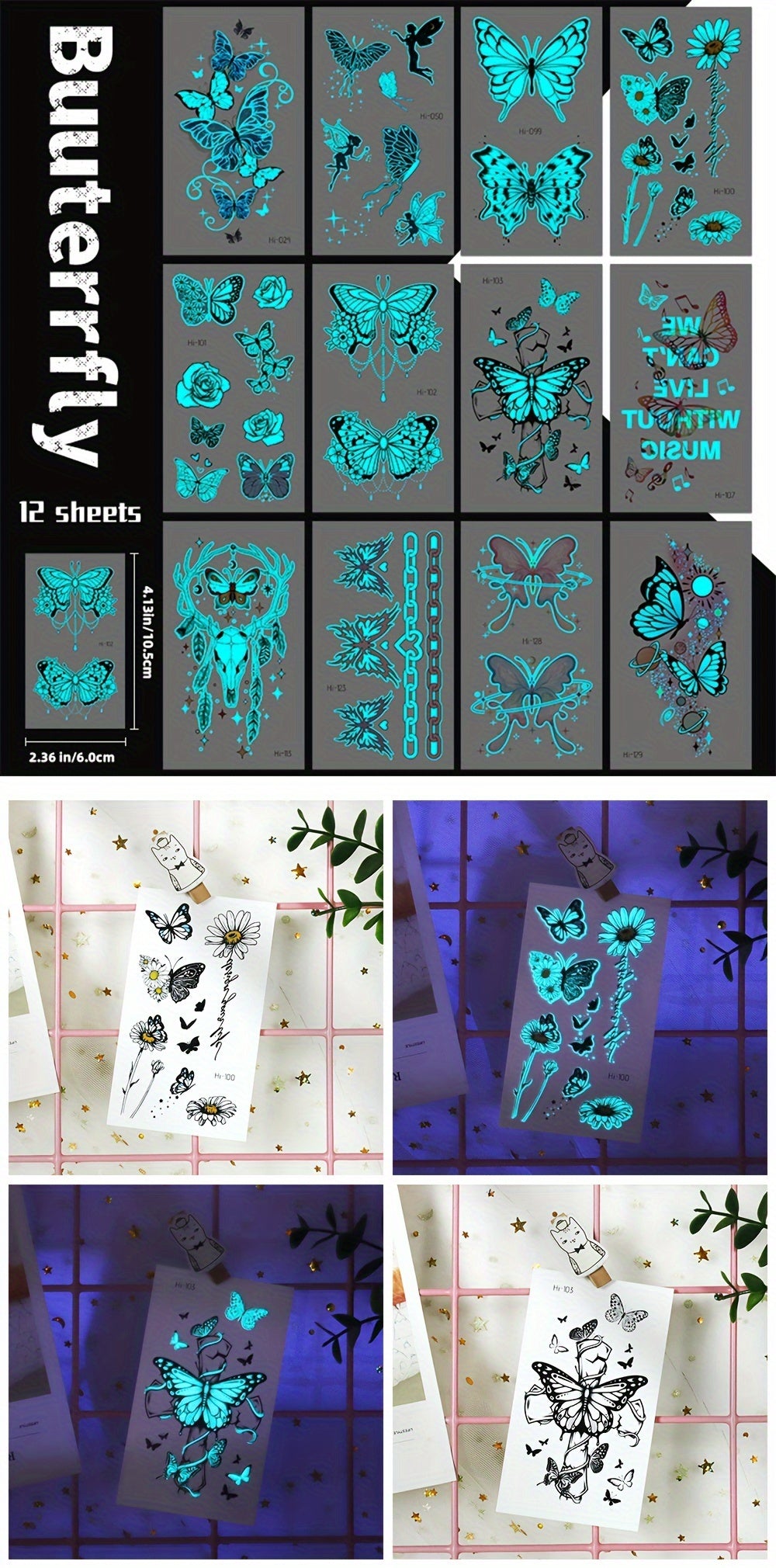 12 Sheets Luminous Glow in the Dark Temporary Tattoos - Waterproof Fake Tattoo Stickers with Butterfly & Floral Designs, Neon Blue Glow for Nightclub, Festival, Party Decoration, Festival Body Art | Mystical Design Elements |