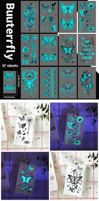 12 Sheets Luminous Glow in the Dark Temporary Tattoos - Waterproof Fake Tattoo Stickers with Butterfly & Floral Designs, Neon Blue Glow for Nightclub, Festival, Party Decoration, Festival Body Art | Mystical Design Elements |