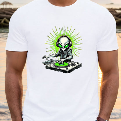 Men's Alien DJ with Headphones & Neon Green Sunburst Graphic Print Crew Neck T-Shirt - Lightweight Summer Casual Tee, Regular Fit, Machine Washable, Music Lover Apparel | Playful Design Shirt | Breathable Fabric