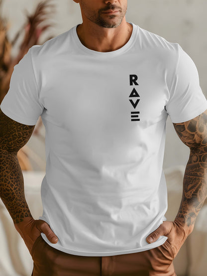 R V Men's Short Sleeve T-Shirt - Vibrant Yellow with Bold RAVE Graphic Print, Breathable Round Neck Casual Top for Summer Beach Resorts & Outdoor Activities