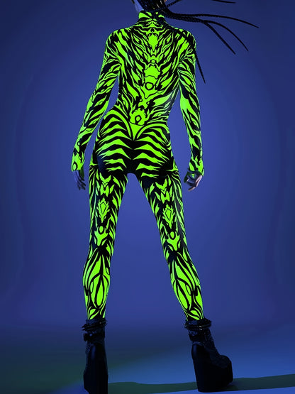 ENNMEI Women's Sexy Long Sleeve Bodycon Jumpsuit - Neon Green Geometric Print, Stretchy & Machine Washable, All-Season Party & Performance Outfit, Festive Attire, Sensual Apparel, Sleek Fit