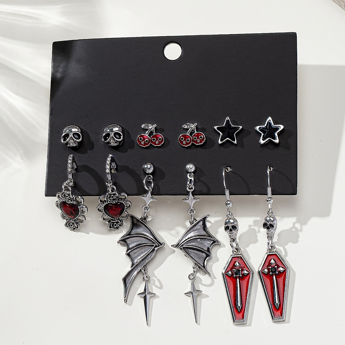 [Gothic Halloween Earrings] Gothic Skull Rose Bat Wing Coffin Halloween Earring Set - Six-Pair Five-Star