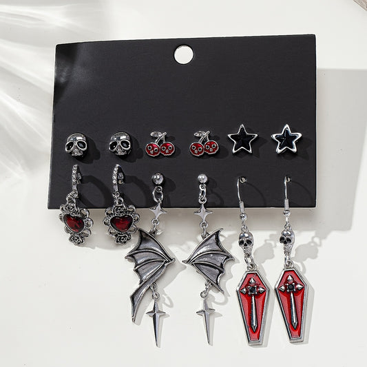 [Gothic Halloween Earrings] Gothic Skull Rose Bat Wing Coffin Halloween Earring Set - Six-Pair Five-Star