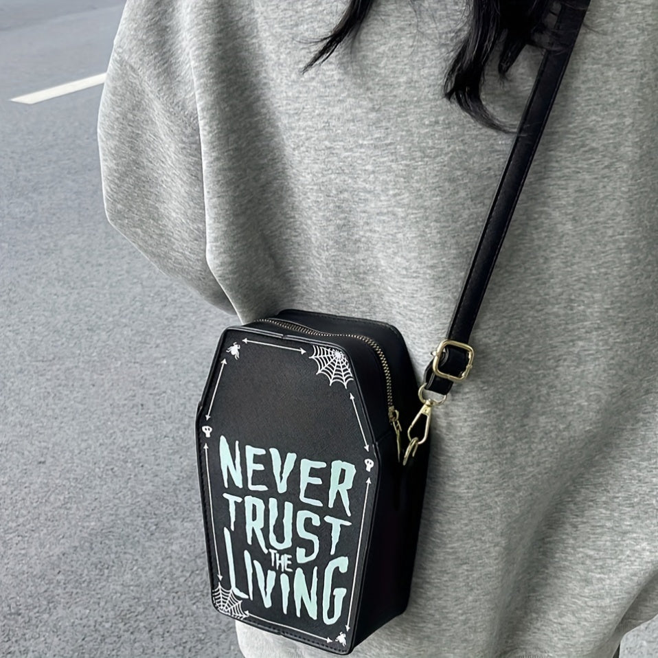 1pc Halloween Coffin-Shaped Fashion Shoulder Bag for Women, Sexy Gothic Faux Leather Crossbody Purse with "Never Trust The Living" Print, Zip Closure, Polyester Lining, and Edge Detailing