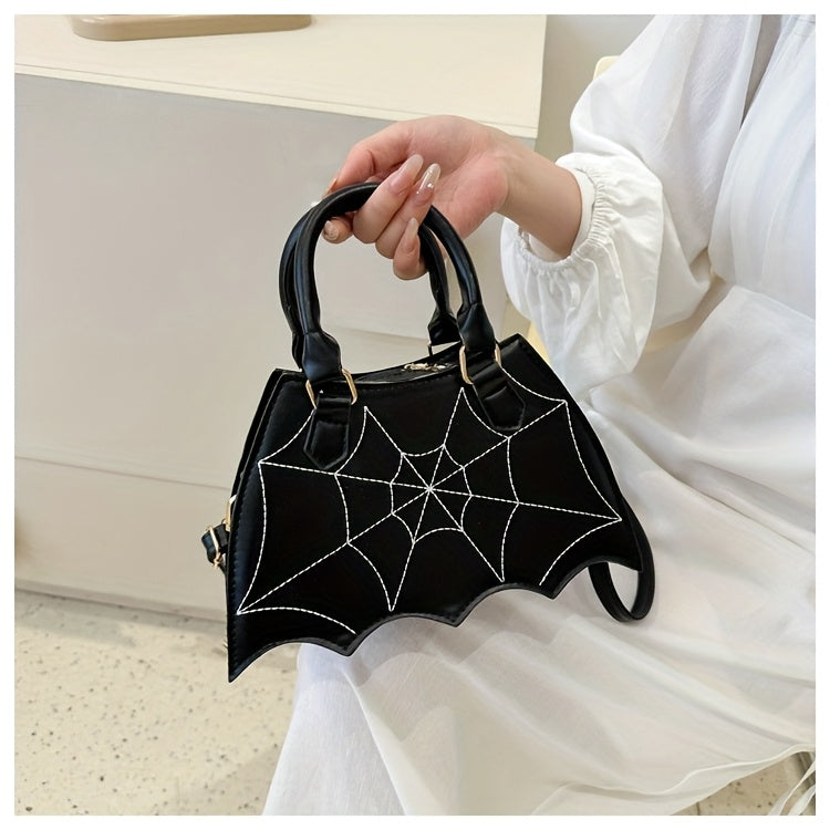 Halloween Women'S Bat Wing Spider Web Handbag - Lightweight Synthetic Faux Leather Tote with Geometric Spider Web Design, Zipper Closure & Detachable Strap, Gothic Style for Daily Use or Party Outfits, Durable Polyester Linin