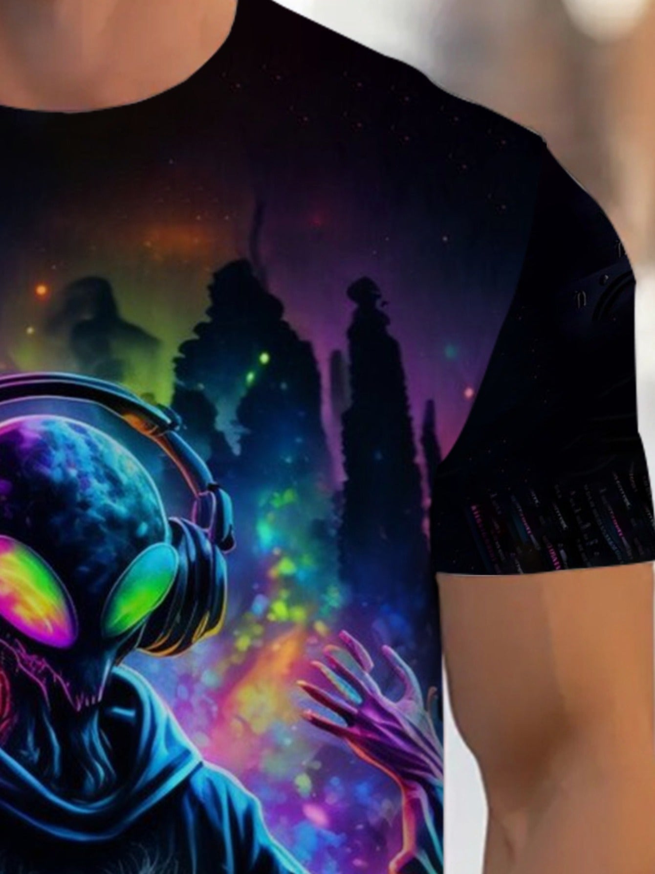 Men's DJ Graphic T-Shirt - Neon Glow Party Tee, Lightweight Club Shirt for Nightlife, Concerts & Casual Outfits - Machine Washable Regular Fit Music Producer Apparel, Music Shirt, Nightclub Clothing, Vibrant Print Tee