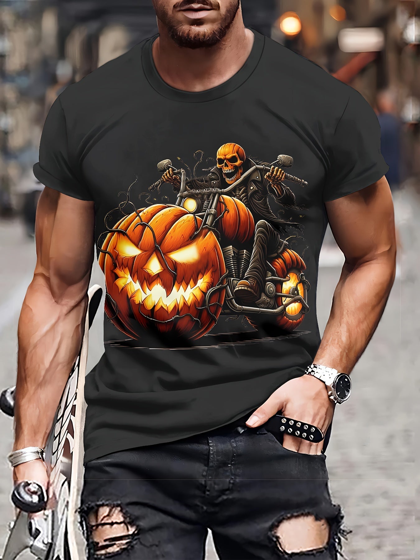 [Halloween Graphic Tee] Halloween Graphic Tee - Men's 3D Pumpkin Motorcycle Print T-Shirt | 100% Polyester Knit Fabric, Casual Crew Neck, Slight Stretch, Regular Fit, 110gsm