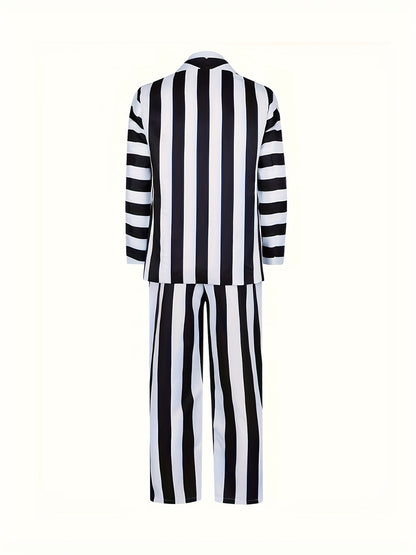 Adam Role Play Costume Men'S Black and White Striped Suit Jacket Shirt Pants Set Halloween Carnival Cosplay Anime Costume