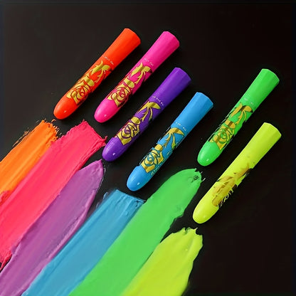 [Neon Face Paint Kit] 6pcs UV Neon Face Body Paint Kit - Glow in The Dark Under Black Light Glow Makeup Kit for Adult - Fluorescent Water-soluble Face Paints Crayons Sticks Markers for Birthday Mardi Gras Party Halloween Masq