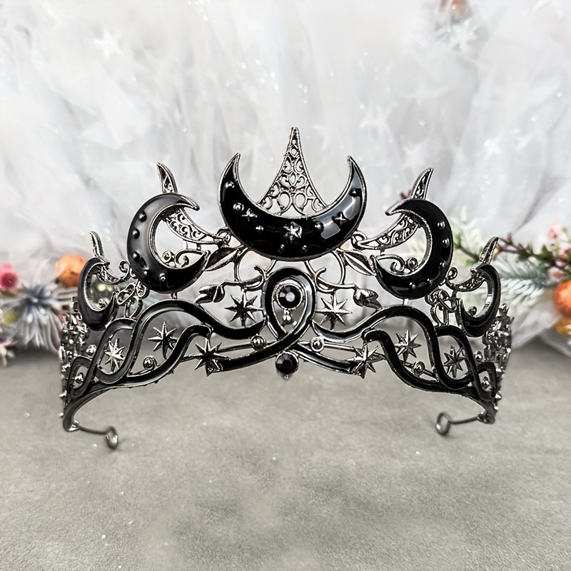 Adjustable Black Gothic Moon Crown Tiara - Celestial Resin Headpiece with Crescent Moon & Star Design for Halloween, Cosplay, and Night Parties, Halloween Costumes