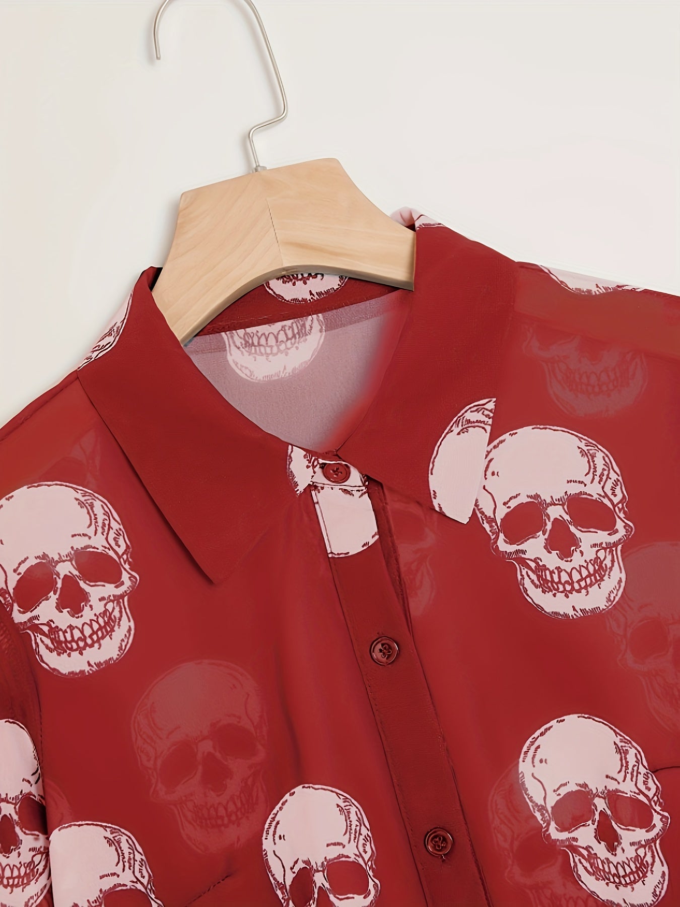 Women'S Elegant Halloween Skull Print Shirt, 100% Polyester Linen Blend, All-Season Lapel Collar, Woven Fabric, 180gsm - Adult Fashion Top