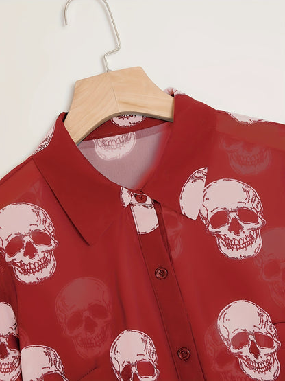 Women'S Elegant Halloween Skull Print Shirt, 100% Polyester Linen Blend, All-Season Lapel Collar, Woven Fabric, 180gsm - Adult Fashion Top