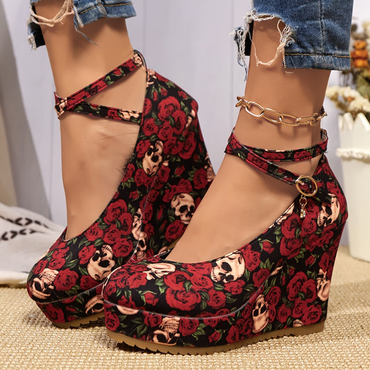 Women's Gothic Rose & Skull Print Wedge Heels - Elegant Ankle Strap Platform Pumps with Metallic Buckle, Red Floral Design on Black Background, Perfect for Casual or Stylish Outfits, Cute Heels