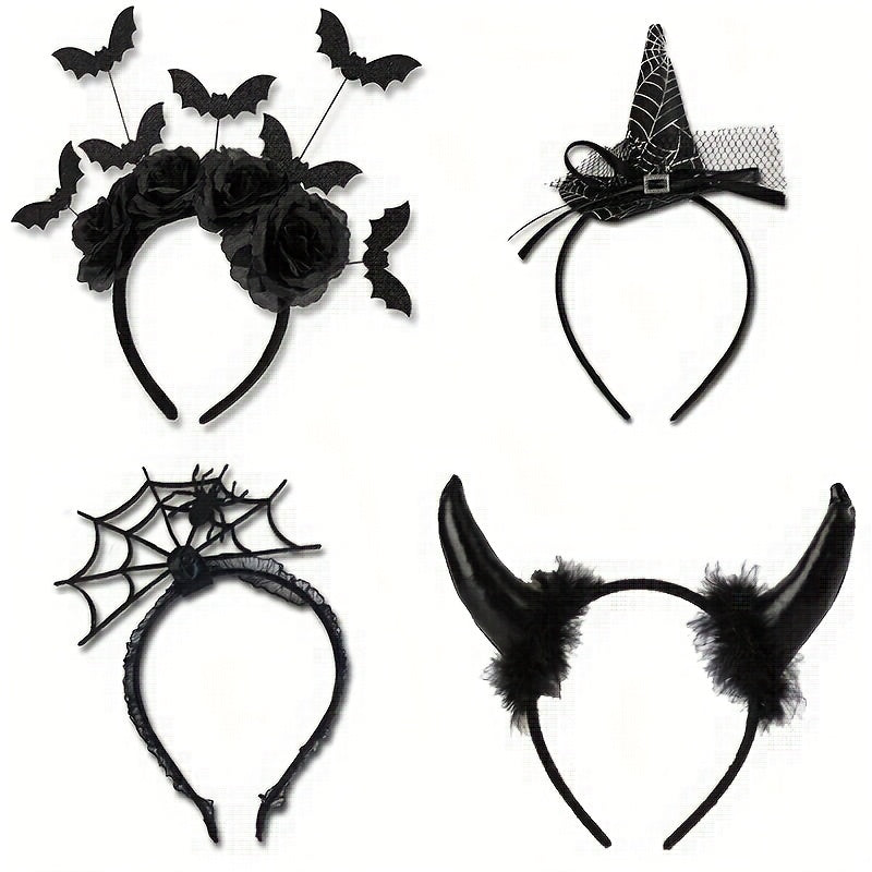 [Funny Halloween Headbands] 4pcs Halloween Party Funny Headbands | Lace Spider Web, 3D Hats, Horns, Bat Decorated Haunted Night Prankster Spider Accessories