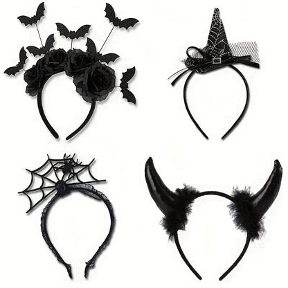 [Funny Halloween Headbands] 4pcs Halloween Party Funny Headbands | Lace Spider Web, 3D Hats, Horns, Bat Decorated Haunted Night Prankster Spider Accessories