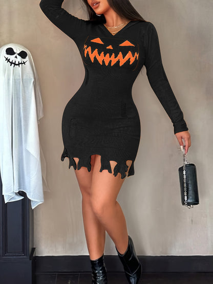 Women's Solid Color Hooded Halloween Dress - Distressed Pumpkin Face Design, Bodycon X-Silhouette, Machine Washable, Vibrant Orange for Halloween Parties & Casual Wear, Halloween Costumes, Festive Attire, Festive Design, Easy